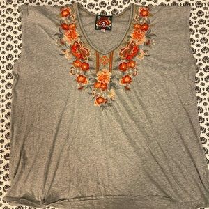 Johnny Was Tee w/ Embroidered Neckline